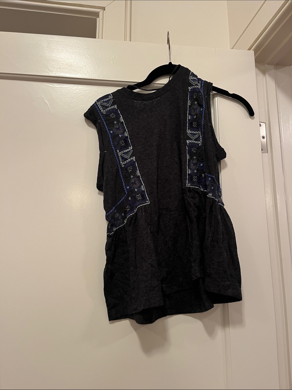 Free People Black Embroidered Tank with Navy Accents